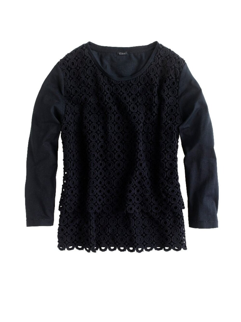 J. Crew black circle crochet lace layered tiered 3/4 sleeve cotton top